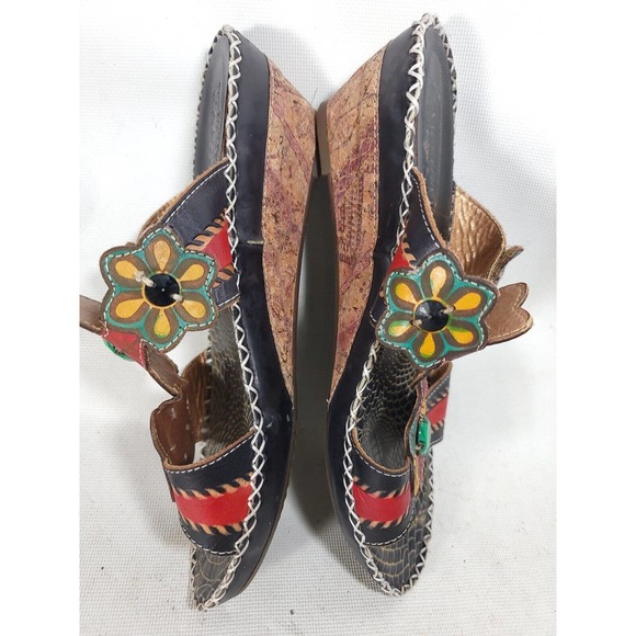 Spring Step L'Artiste Leather Wedge Sandals Vergie Red Floral Colorful-Size 40 - Picture 3 of 9